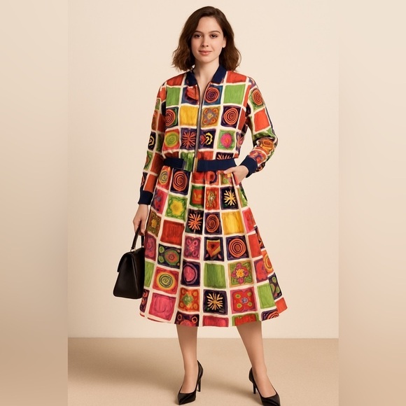 Chaus Dresses & Skirts - Chaus Women’s vintage retro 80’s abstract colorblock bomber jacket/skirt set Lrg